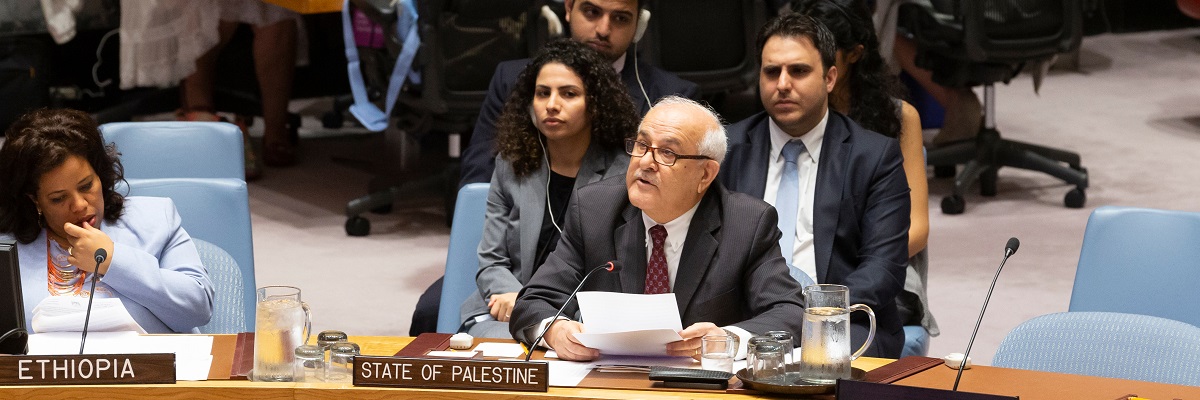 Permanent Observer of Palestine to United Nations Riyad Mansour speaks at UN Security Council meeting on Israeli-Palestinian conflict at UN Headquarters.